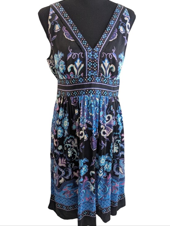 ECI Dresses & Skirts - ECI Black V-Neck Midi Dress with Blue & Purple Floral Border Silk Blend Size12